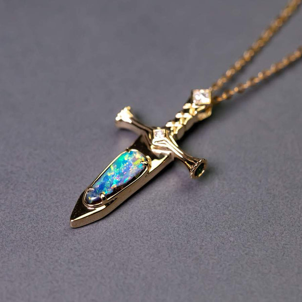 Knight Sword - Boulder Opal & Princess Cut Diamond Necklace 18K Yellow Gold
