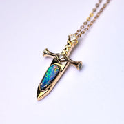 Knight Sword - Boulder Opal & Princess Cut Diamond Necklace 18K Yellow Gold