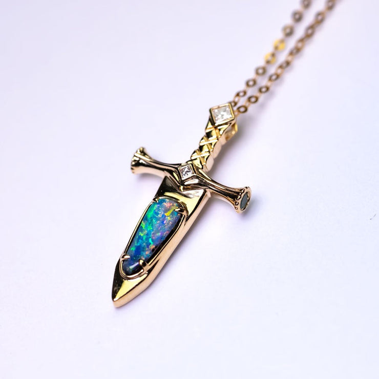 Knight Sword - Boulder Opal & Princess Cut Diamond Necklace 18K Yellow Gold