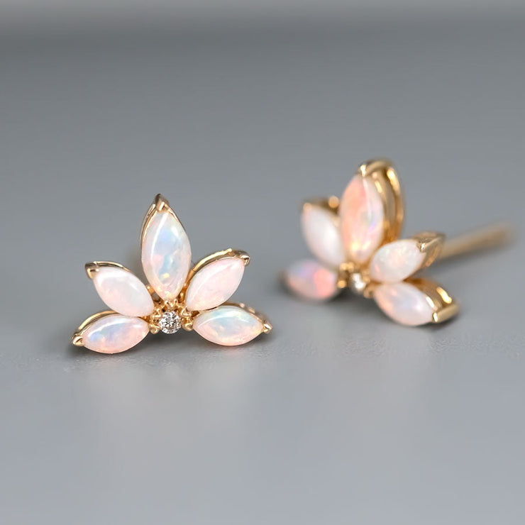 Lotus Water Lily Design Opal Diamond Earrings 14K Yellow Gold