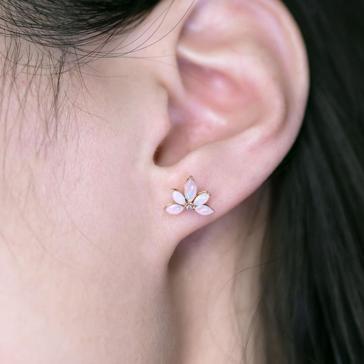 Lotus Water Lily Design Opal Diamond Earrings 14K Yellow Gold