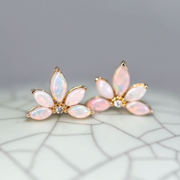 Lotus Water Lily Design Opal Diamond Earrings 14K Yellow Gold