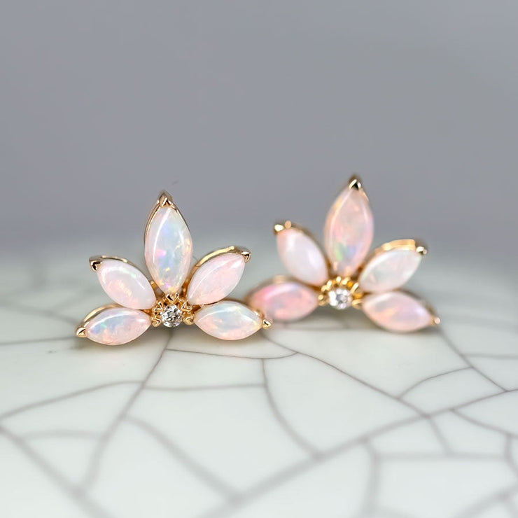 Lotus Water Lily Design Opal Diamond Earrings 14K Yellow Gold