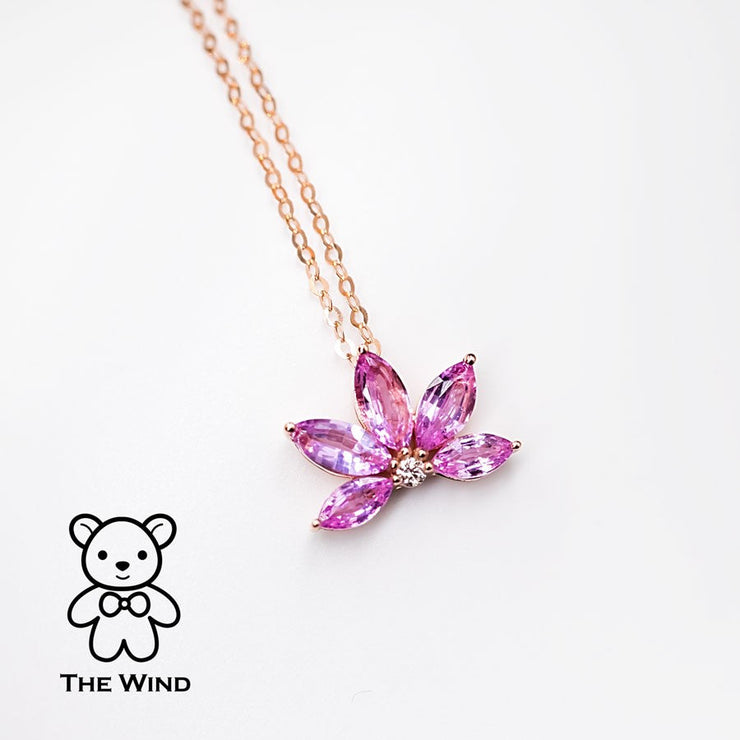 Lotus Water Lily Design Pink Sapphire Diamond Pendant Necklace 18K Rose Gold
