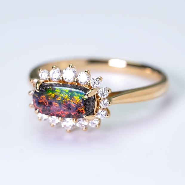 Magnificent Two Colors Boulder Opal Halo Diamond Engagement Ring 18K Gold