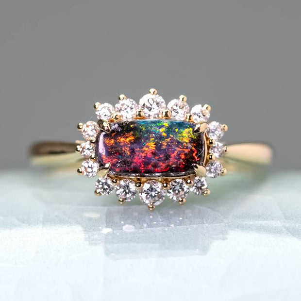 Magnificent Two Colors Boulder Opal Halo Diamond Engagement Ring 18K Gold