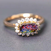 Magnificent Two Colors Boulder Opal Halo Diamond Engagement Ring 18K Gold