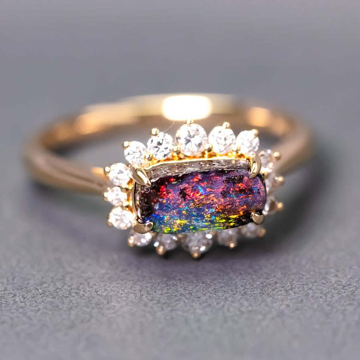 Magnificent Two Colors Boulder Opal Halo Diamond Engagement Ring 18K Gold