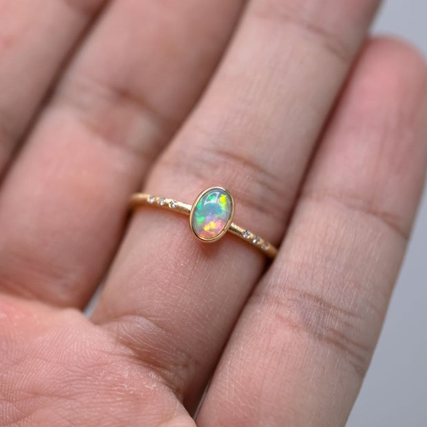 Matte Finish Engagement Ring Crystal Opal Diamond 14K Yellow Gold