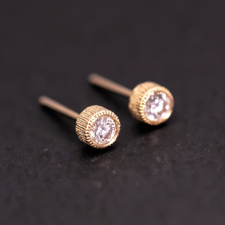 Milgrain Finish Natural Diamond Bezel Stud Earrings 18K Yellow Gold