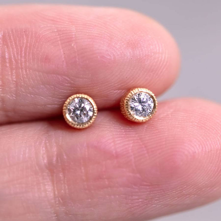 Milgrain Finish Natural Diamond Bezel Stud Earrings 18K Yellow Gold