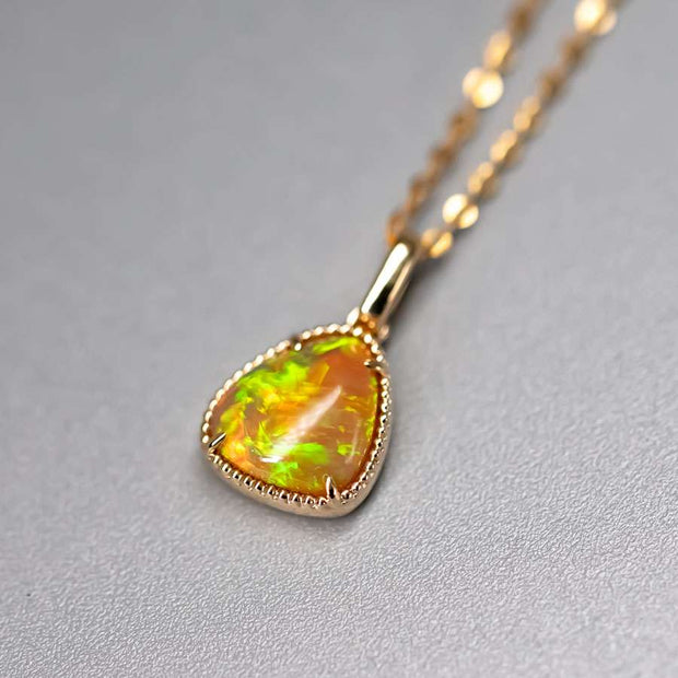 Minimal Triangle Shaped Ethiopian Opal Necklace 14k Yellow Gold
