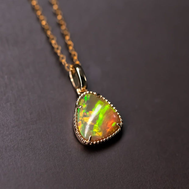Minimal Triangle Shaped Ethiopian Opal Necklace 14k Yellow Gold