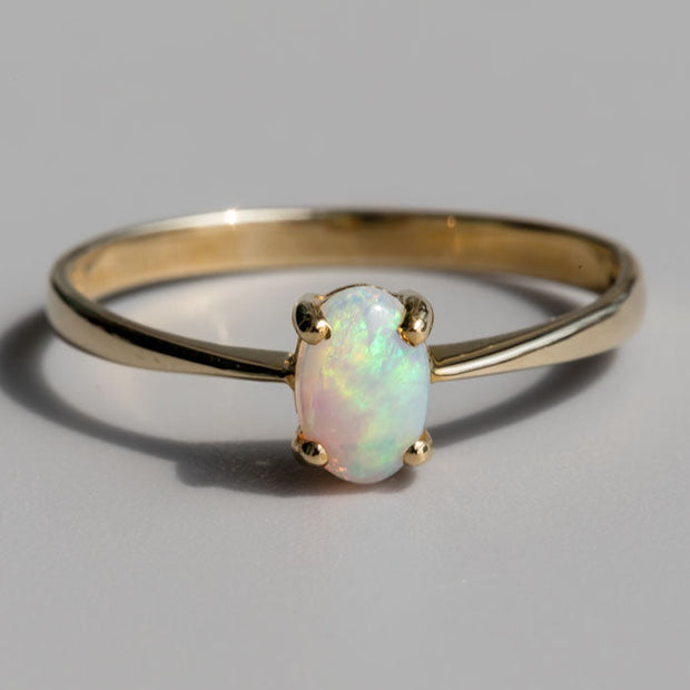 Minimalist Oval Shaped Australian Solid Opal Ring 14K Yellow Gold