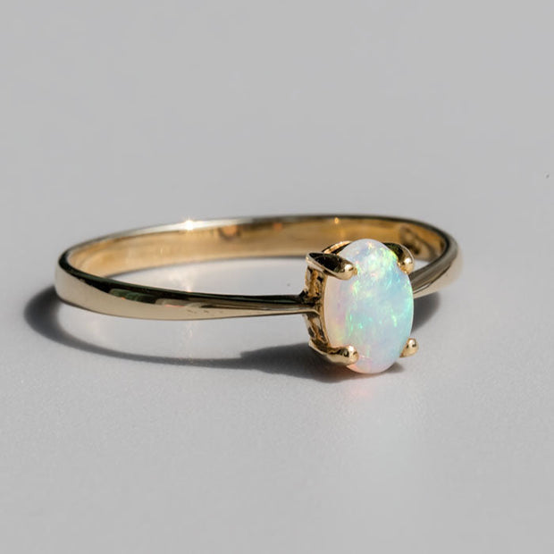 Minimalist Oval Shaped Australian Solid Opal Ring 14K Yellow Gold