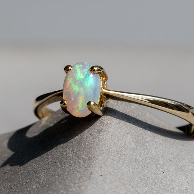 Minimalist Oval Shaped Australian Solid Opal Ring 14K Yellow Gold