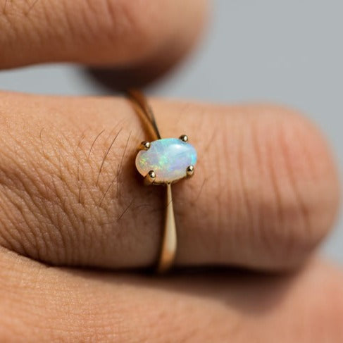 Minimalist Oval Shaped Australian Solid Opal Ring 14K Yellow Gold