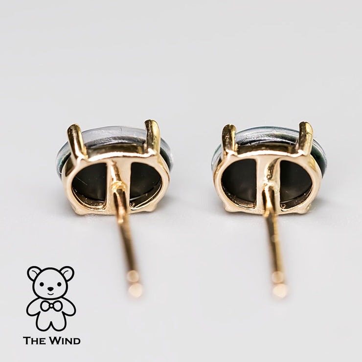 Minimalist Oval Australian Triplet Opal Stud Earrings 14k Yellow Gold