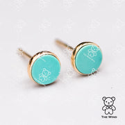 Minimalist Round Shaped Turquoise Stud Earrings 14K Yellow Gold
