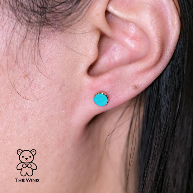 Minimalist Round Shaped Turquoise Stud Earrings 14K Yellow Gold