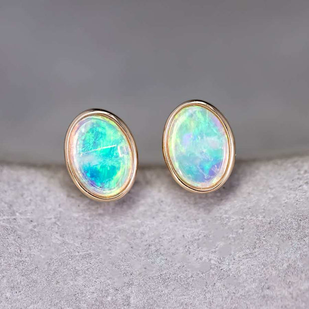 Minimalist Oval Australian Solid Opal Stud Earrings 14k Yellow Gold
