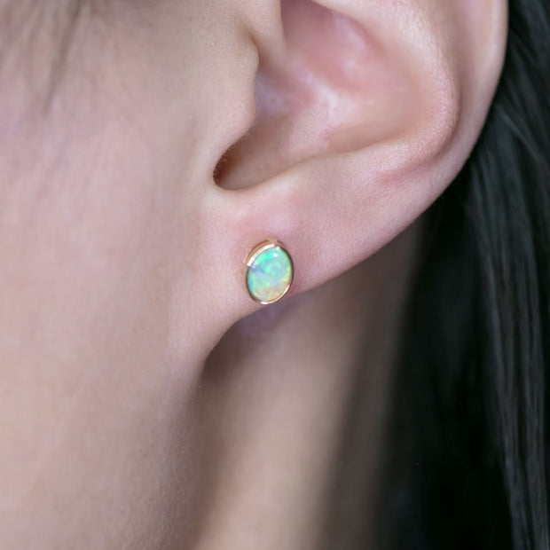 Minimalist Oval Australian Solid Opal Stud Earrings 14k Yellow Gold