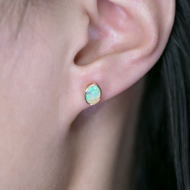 Minimalist Oval Australian Solid Opal Stud Earrings 14k Yellow Gold