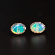 Minimalist Oval Australian Solid Opal Stud Earrings 14k Yellow Gold
