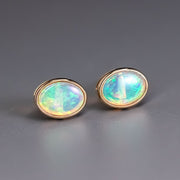 Minimalist Oval Australian Solid Opal Stud Earrings 14k Yellow Gold
