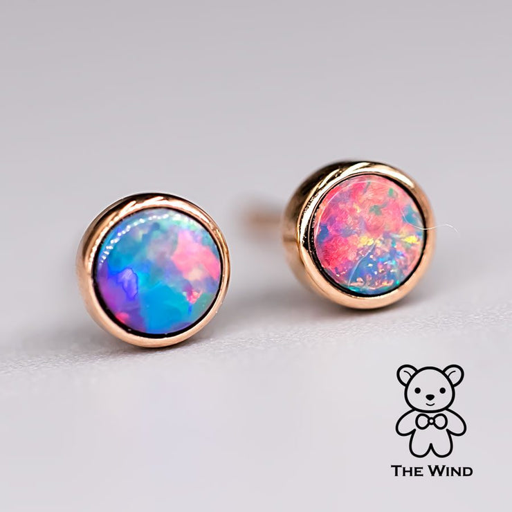 Minimalist Round Doublet Opal Stud Earrings 18k Rose Gold