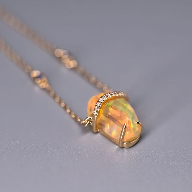 One-of-Kind Mexican Fire Opal & Diamond Sapphire Necklace 18K Yellow Gold