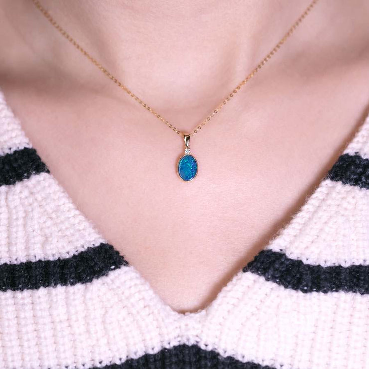Minimalist Doublet Opal Diamond Pendant Necklace 14k Yellow Gold