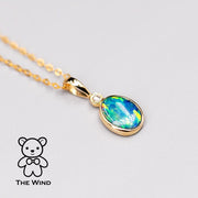 Minimalist Doublet Opal Diamond Pendant Necklace 14k Yellow Gold
