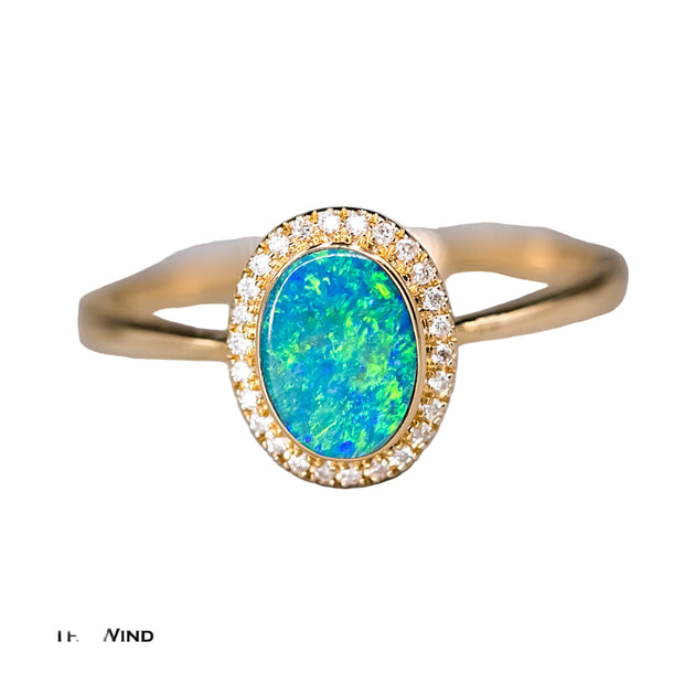 Oval Shaped Australian Doublet Opal Halo Diamond Ring 14k Yellow Gold