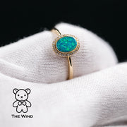 Oval Shaped Australian Doublet Opal Halo Diamond Ring 14k Yellow Gold