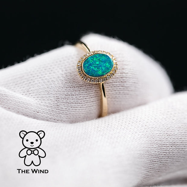 Oval Shaped Australian Doublet Opal Halo Diamond Ring 14k Yellow Gold