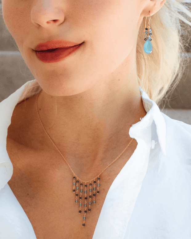 Blue Gemstone Fringe Necklace & Earring Set