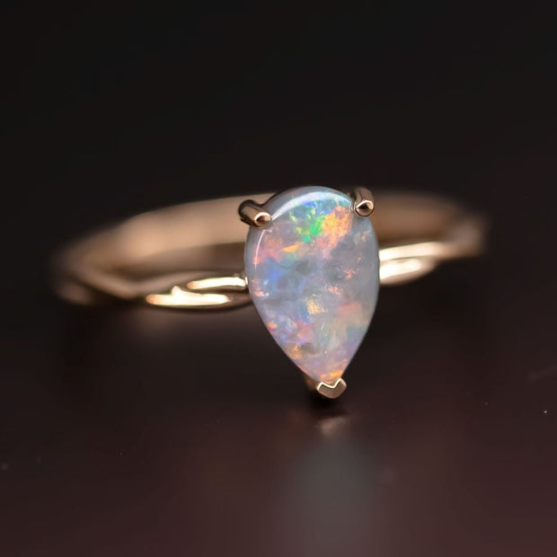 Pear Shaped Black Opal Twist Band Engagement Ring 18K Yellow Gold