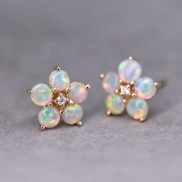 Plum Blossom Sakura Solid Opal Diamond Stud Earrings 14k Yellow Gold