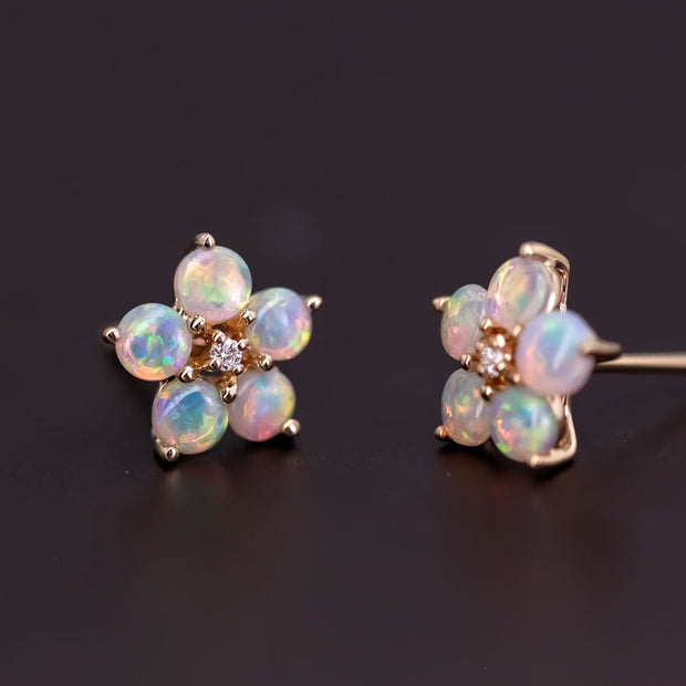 Plum Blossom Sakura Solid Opal Diamond Stud Earrings 14k Yellow Gold