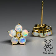 Plum Blossom Sakura Solid Opal Diamond Stud Earrings 14k Yellow Gold
