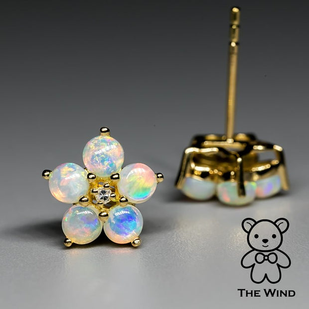 Plum Blossom Sakura Solid Opal Diamond Stud Earrings 14k Yellow Gold