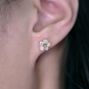 Plum Blossom Sakura Solid Opal Diamond Stud Earrings 14k Yellow Gold