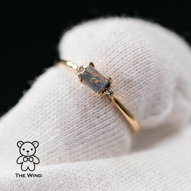 Rectangle Australian Boulder Opal Diamond Engagement Ring 18K Yellow Gold