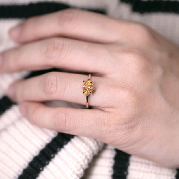 Ribbon Wrapped Fire Opal Diamond Engagement Ring 18K Yellow Gold