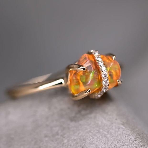 Ribbon Wrapped Fire Opal Diamond Engagement Ring 18K Yellow Gold