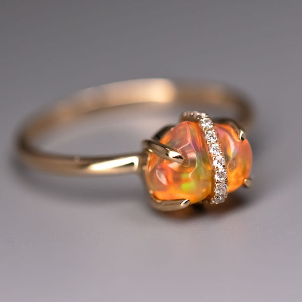 Ribbon Wrapped Fire Opal Diamond Engagement Ring 18K Yellow Gold