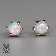 Round Shaped Six Prong Australian Solid Opal Stud Earrings 14K Yellow Gold