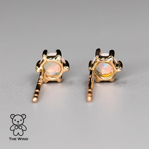 Round Shaped Six Prong Australian Solid Opal Stud Earrings 14K Yellow Gold