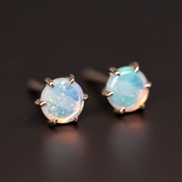 Round Shaped Six Prong Australian Solid Opal Stud Earrings 14K Yellow Gold